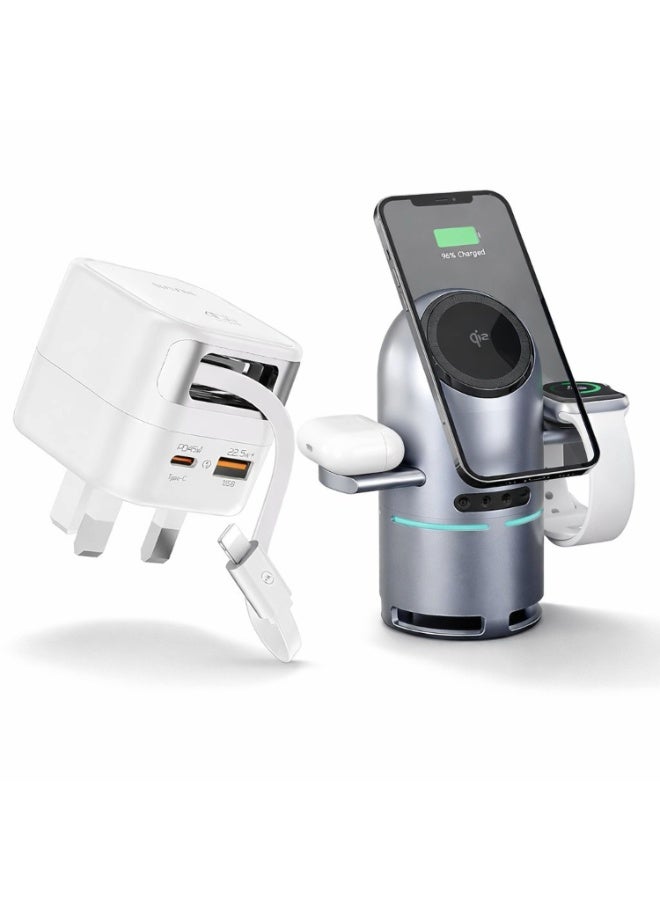 Standard QI2 Wireless Charging Station, Multifunctional 3-in-1 Bluetooth Speaker with Automatic Magnetic Rotating Stand for all iPhone (MagSafe) models 12, 13, 14, 15, 16, 17, AirPods Pro, Apple Watch, Samsung Galaxy Ultra & BAVIN Fast Charging PD 45W, Retractable Cable Rapid Charger Bundle - Image 1
